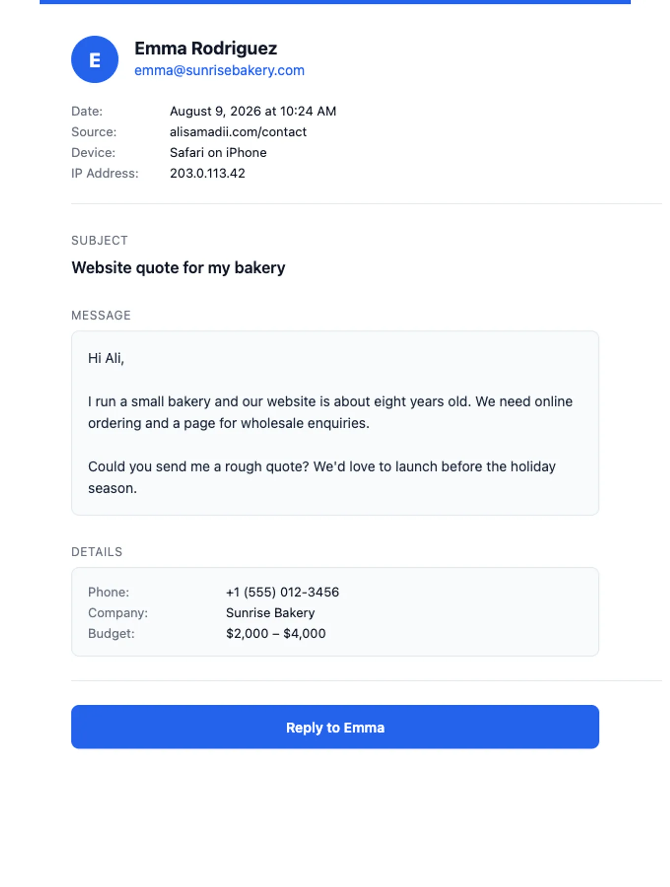 The contact email template every client site sends