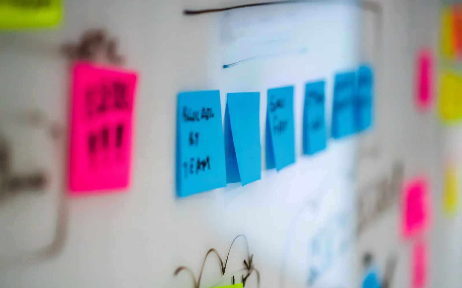 A creative brainstorming session with sticky notes on a wall